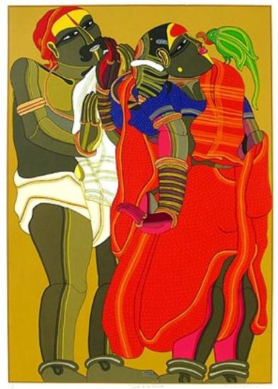 painting by Thota Vaikuntam - Couple with Parrot