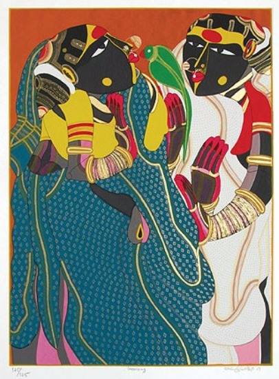 painting by Thota Vaikuntam - Gossiping