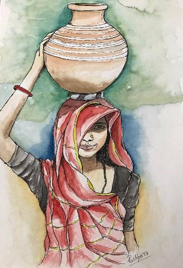 Indian Village Woman - 3, painting by Pushpa Sharma