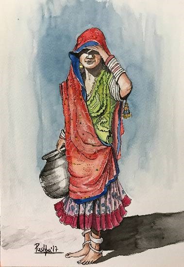 Indian Woman - Waiting, painting by Pushpa Sharma
