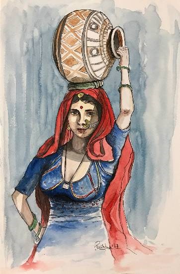 Indian Woman with Pot, painting by Pushpa Sharma