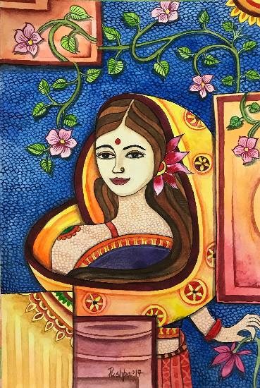 Indian Woman with Madhubani Touch, painting by Pushpa Sharma