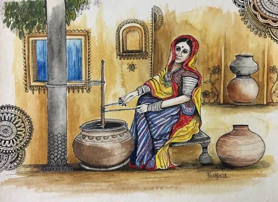 Indian Village Woman churning Buttermilk, painting by Pushpa Sharma