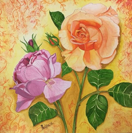 Pink & Peach Roses Together, painting by Pushpa Sharma