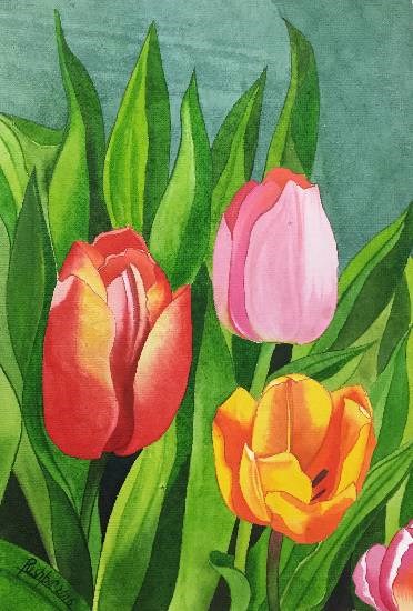 Tulip Trio, painting by Pushpa Sharma