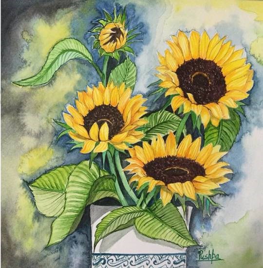 Three sunflower, painting by Pushpa Sharma