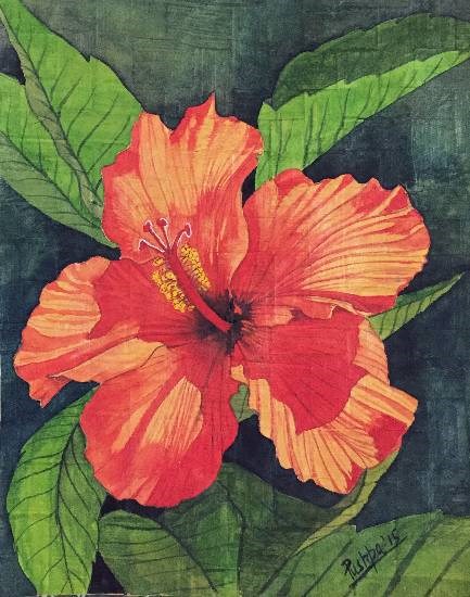 Red-yellow hibiscus, painting by Pushpa Sharma