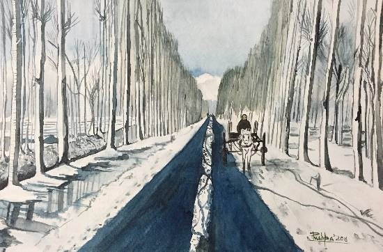 Snow covered road to Kashmir, painting by Pushpa Sharma