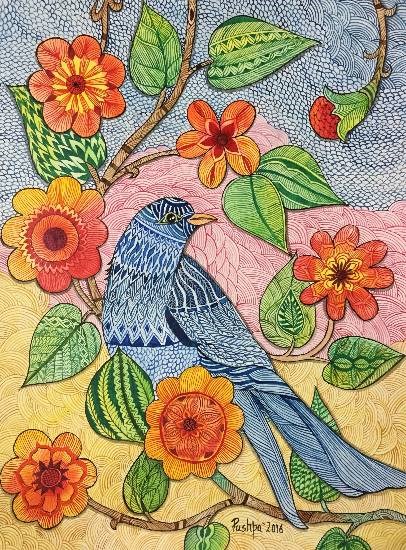 Blue Bird and Flowers, painting by Pushpa Sharma