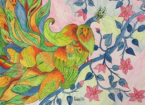 Peacock Abstract (Madhubani style), painting by Pushpa Sharma