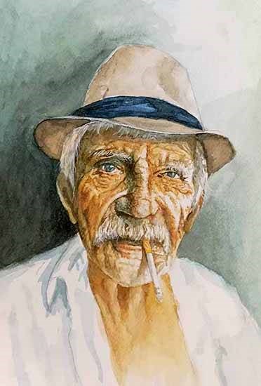 Old man smoking, painting by Basab Dash