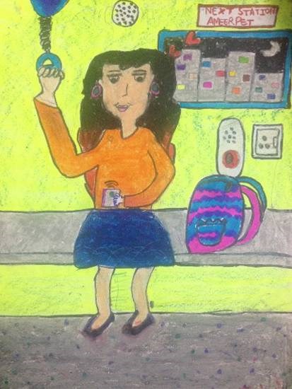 Girl in metro, painting by Janhvi Jeeban Mishra