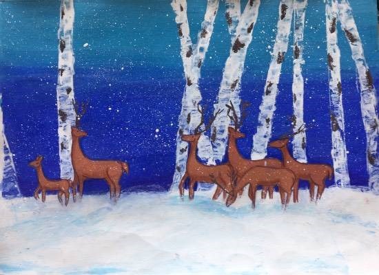 Deer in snow, painting by Pratyush Kuldeepsinh Jagtap