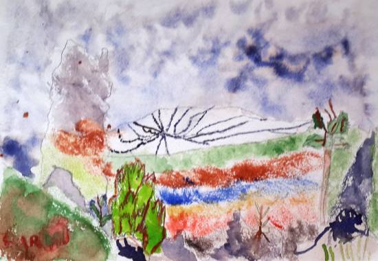 Painting  by Harini Aswin - Rocks and a Volcano