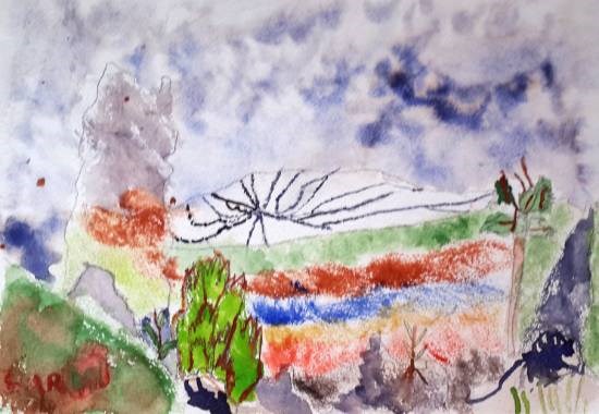 Rocks and a Volcano, painting by Harini Aswin