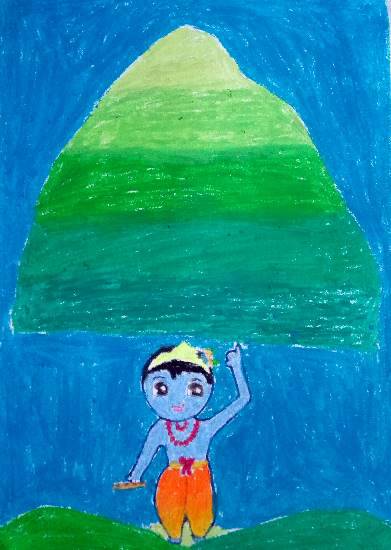 Painting  by Sanvi Singh - Little Krishna Holding Govardhan