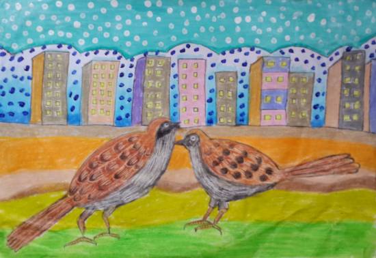 Painting  by Aarav S Malhotra - The Sparrows In the city