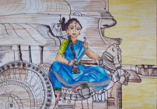 A Dancer poses at a historical site, painting by Ananya Pramod Kirsur