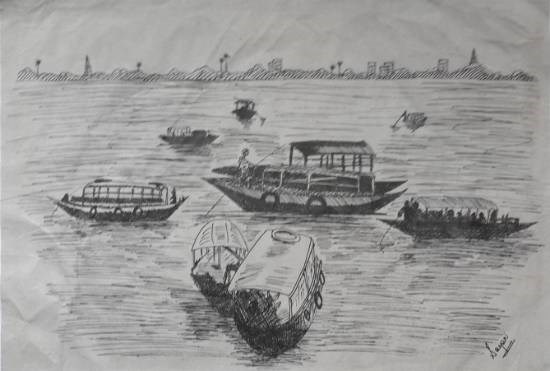 Dakhineswar ferry ghat, painting by Sayani Sen