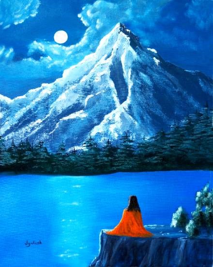 Master, Mountains & Moon, painting by Nayaswami Jyotish