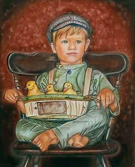 Painting  by Nishchal Talwar - Boy with Ducklings