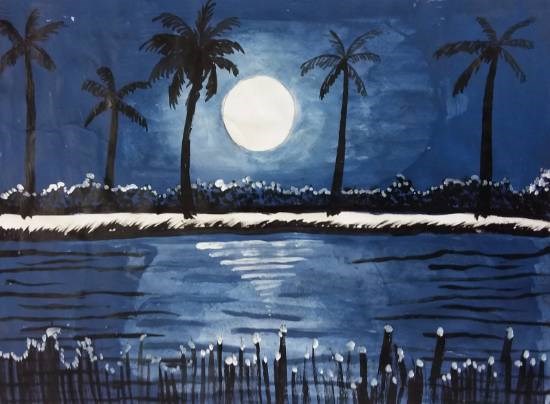 Night scene in a forest, painting by Susmit Mitra