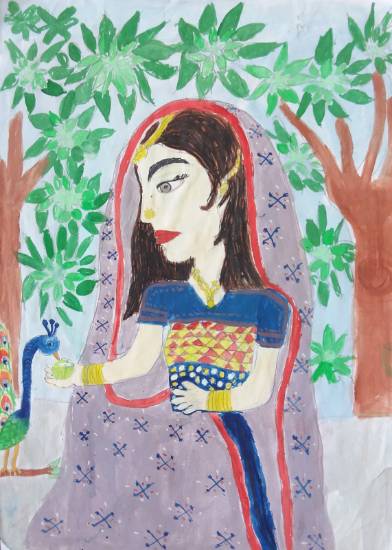 Painting  by Anuri Madhuashis - Woman & peacock