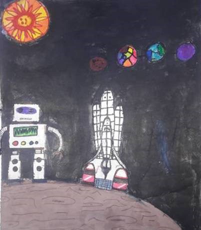 Robbot on Moom, painting by Sheza Ahmed