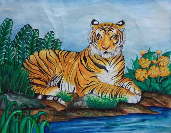 Painting  by Anjali Bhatt - Tiger in forest