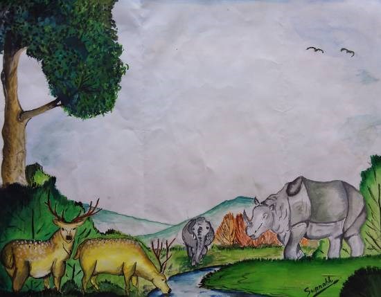 Kaziranga National Park, Assam, painting by Swapnabh Jyoti Borthakur