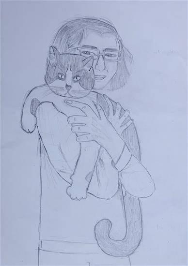 Holding my pet cat, painting by Mugdha Chiplunkar
