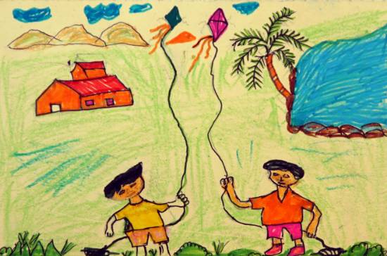 Painting  by Chandu Raman Rinjad - Kids playing kite