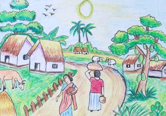 Village Life, painting by Ved Amrut T A