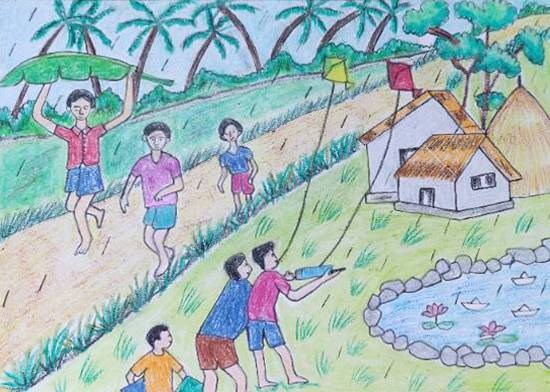 Village Children, painting by Ved Amrut T A