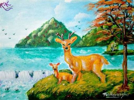 Deer in forest, painting by Tusharanshu Kanik