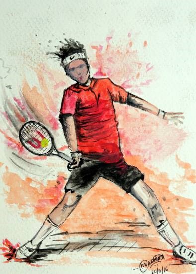 Boy Playing tennis, painting by Madhura Uday Tembe