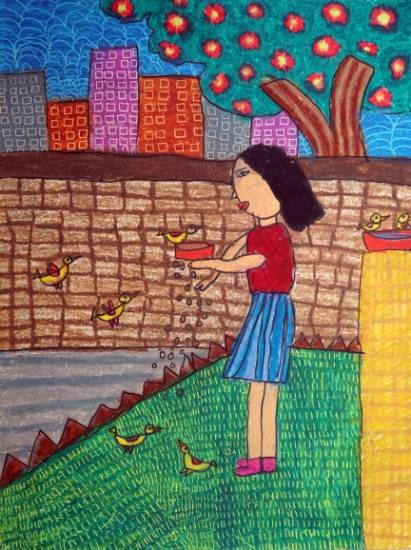 Playing Girl With Birds, painting by Pia Masand