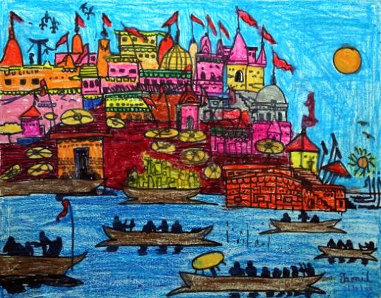 Temple Near River, painting by Jainil Devang Bhavsar