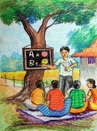 School On Ground Tree, painting by Ahana Das