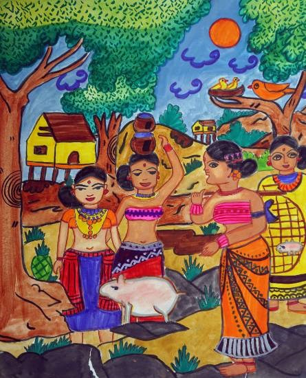 Village Woman with two pots, painting by Pritha Bhattacharjee