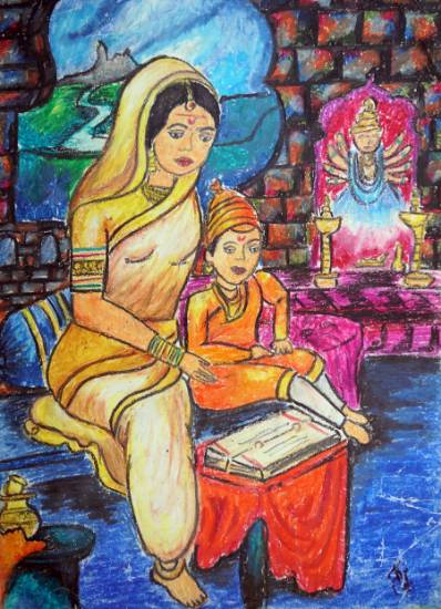 Painting  by Khushi M Jamale - Jijaumata With His Child Shivaji