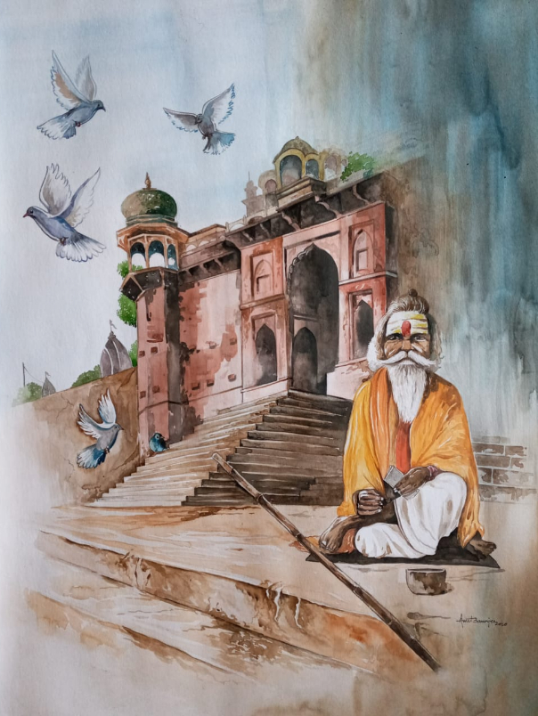 Painting  by Amit Banerjee - Banaras ghat 1