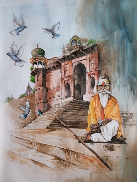 Banaras ghat 1, painting by Amit Banerjee