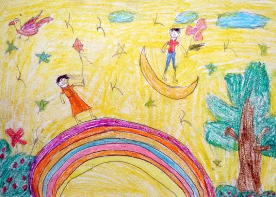 Boy and Girl Playing on sky, painting by Damini Sanjay Patara