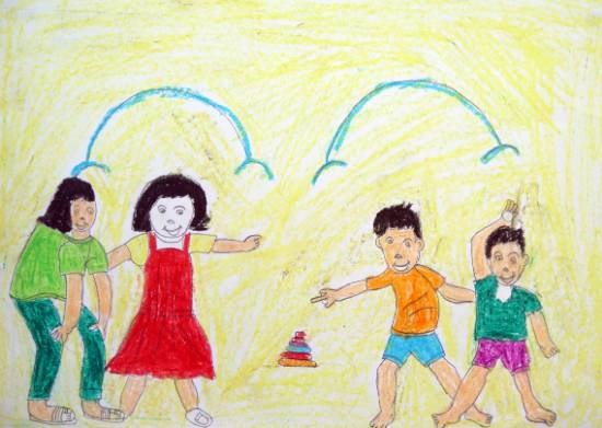 Two Boys and Two Girls are Playing Game, painting by Gaytri Dattu Choudhary