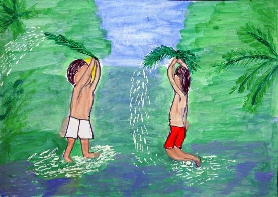 Small Kids Playing in Water, painting by J Akshay