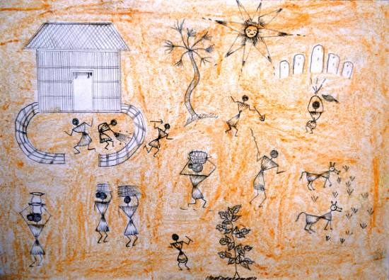 Warli Houses, painting by Kamlesh Vijay Madi