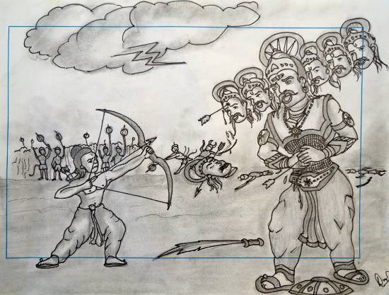 Rama killing Ravana, painting by Lokesh Verma