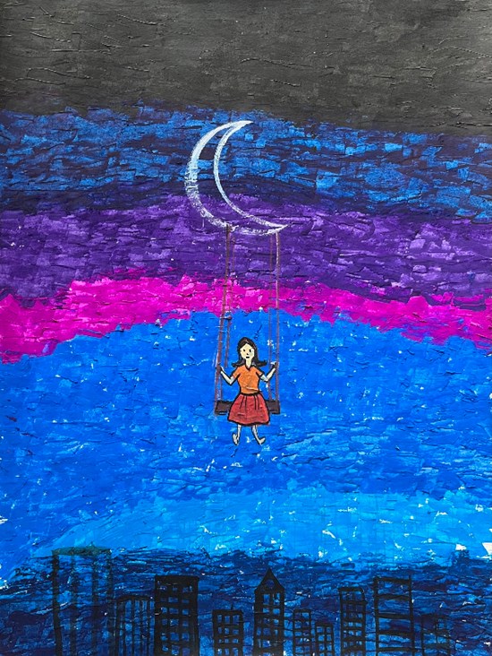 Swinging on the moon, painting by Mihika Jagtap