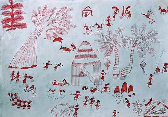 Warli Art - Holi festival, painting by Shila Lakhma Dhodhade
